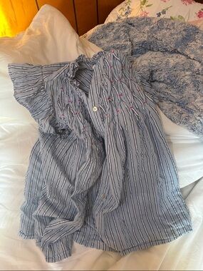 THML Blue and White Striped Button-Down Shirt with Pink Accents